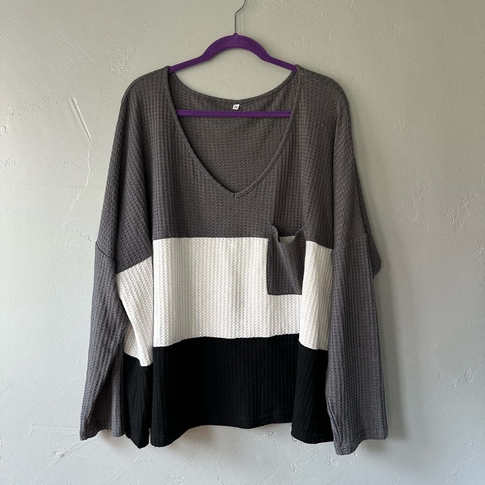 Grey and white colorblock long sleeve top, plus size 3XL, SHEIN